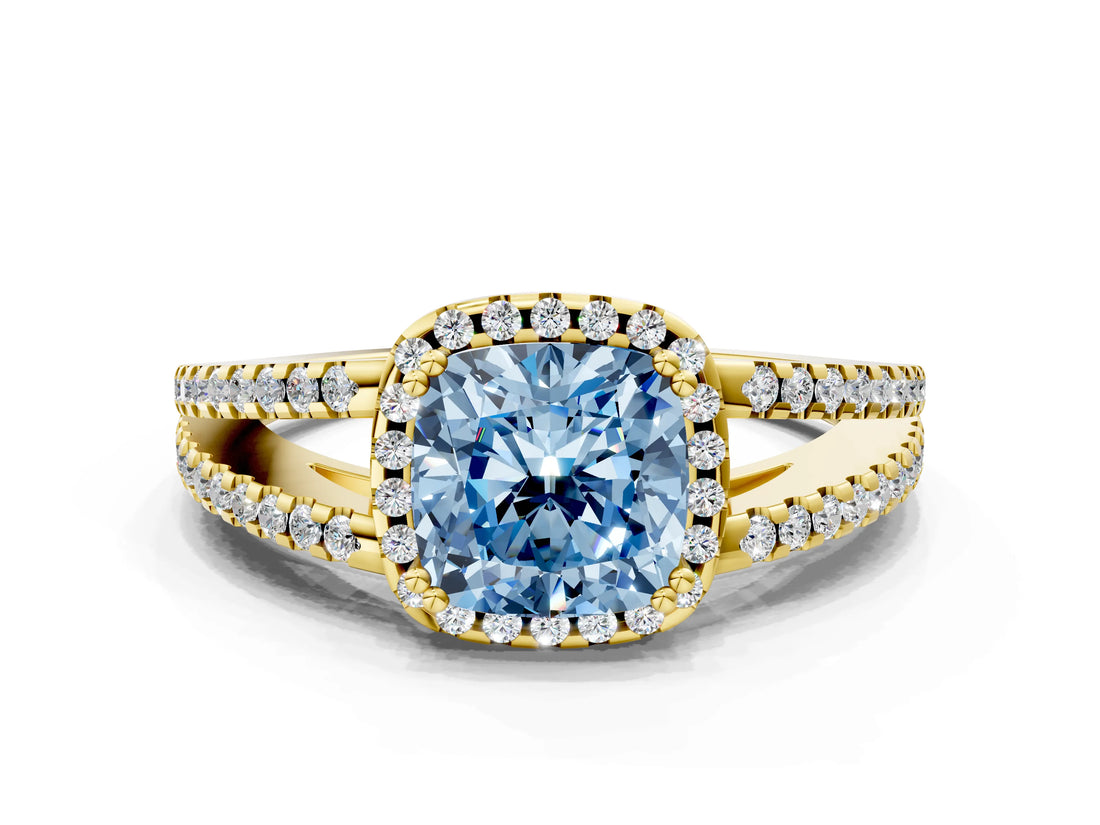 Yellow gold Fancy Blue Cushion Cut Diamond Halo Split Shank Engagement Ring_39
