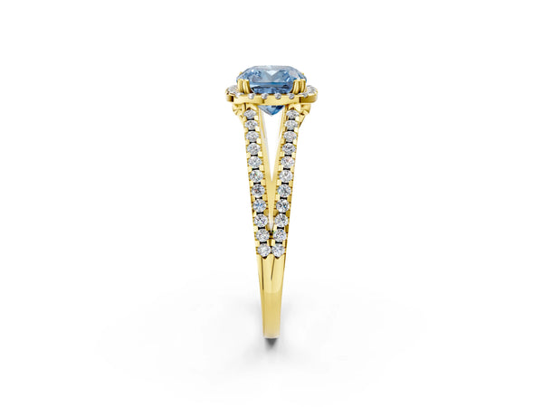 Yellow gold Fancy Blue Cushion Cut Diamond Halo Split Shank Engagement Ring
