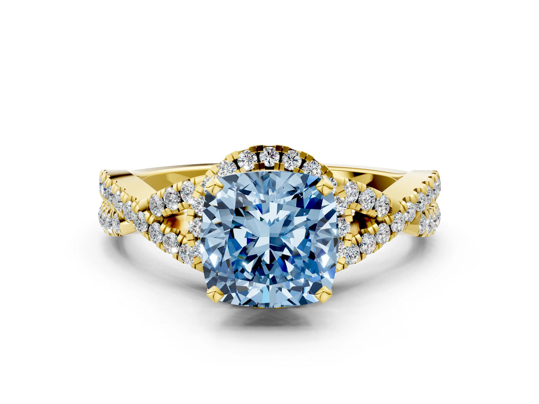 Yellow gold Fancy Blue Cushion Cut Diamond  Halo Twist Band Solitaire Prong Setting Ring_36