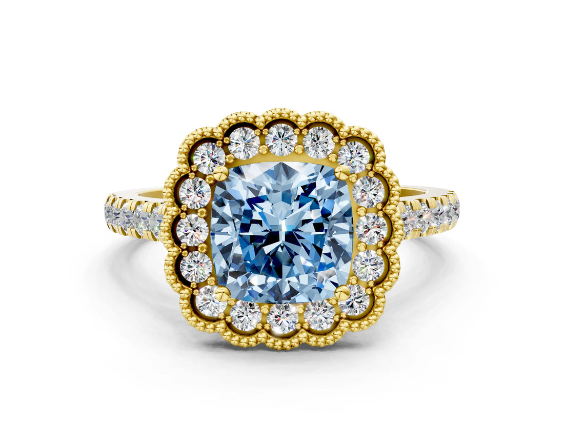 Yellow gold Fancy Blue Cushion  Cut Diamond Milgrain Floral Halo Engagement Ring with Pavé Band_15