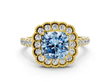 Yellow gold Fancy Blue Cushion  Cut Diamond Milgrain Floral Halo Engagement Ring with Pavé Band_15