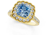 Yellow gold Fancy Blue Cushion  Cut Diamond Milgrain Floral Halo Engagement Ring with Pavé Band_16