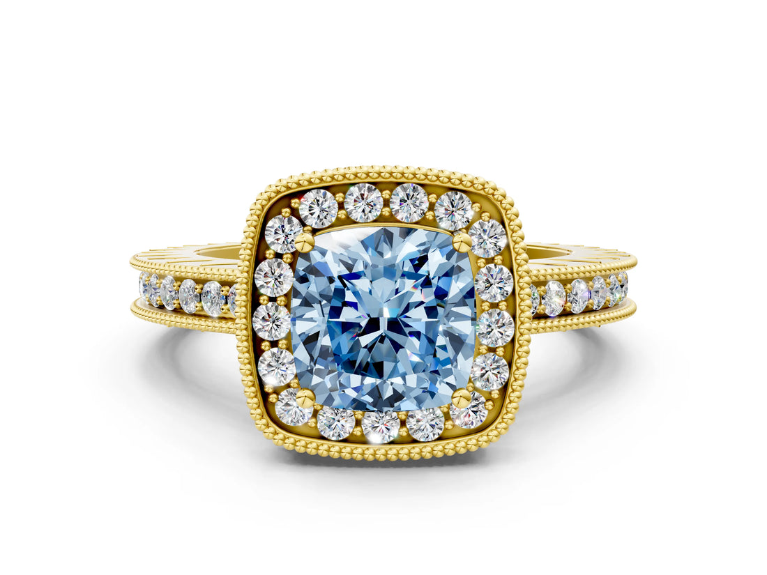 Yellow gold Fancy Blue Cushion Cut Diamond Milgrain Halo Engagement Ring with Round Pavé Band and Prong Setting_13