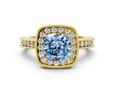 Yellow gold Fancy Blue Cushion Cut Diamond Milgrain Halo Engagement Ring with Round Pavé Band and Prong Setting_13