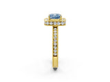Yellow gold Fancy Blue Cushion Cut Diamond Milgrain Halo Engagement Ring with Round Pavé Band and Prong Setting_15
