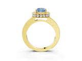 Yellow gold Fancy Blue Cushion Cut Diamond Milgrain Halo Engagement Ring with Round Pavé Band and Prong Setting_16