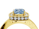 Yellow gold Fancy Blue Cushion Cut Diamond Milgrain Halo Engagement Ring with Round Pavé Band and Prong Setting_17