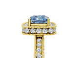 Yellow gold Fancy Blue Cushion Cut Diamond Milgrain Halo Engagement Ring with Round Pavé Band and Prong Setting_18