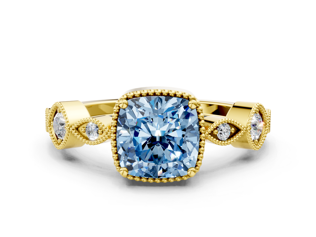 Yellow gold Fancy Blue Cushion  Cut Diamond Milgrain Marquise Band with Prong Setting_3