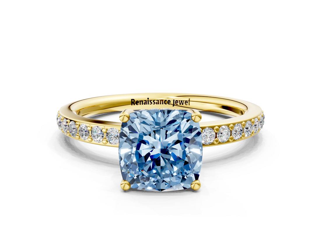 Yellow gold Fancy Blue Cushion  Cut Diamond Pavé Band Ring with Four-Prong Setting_39