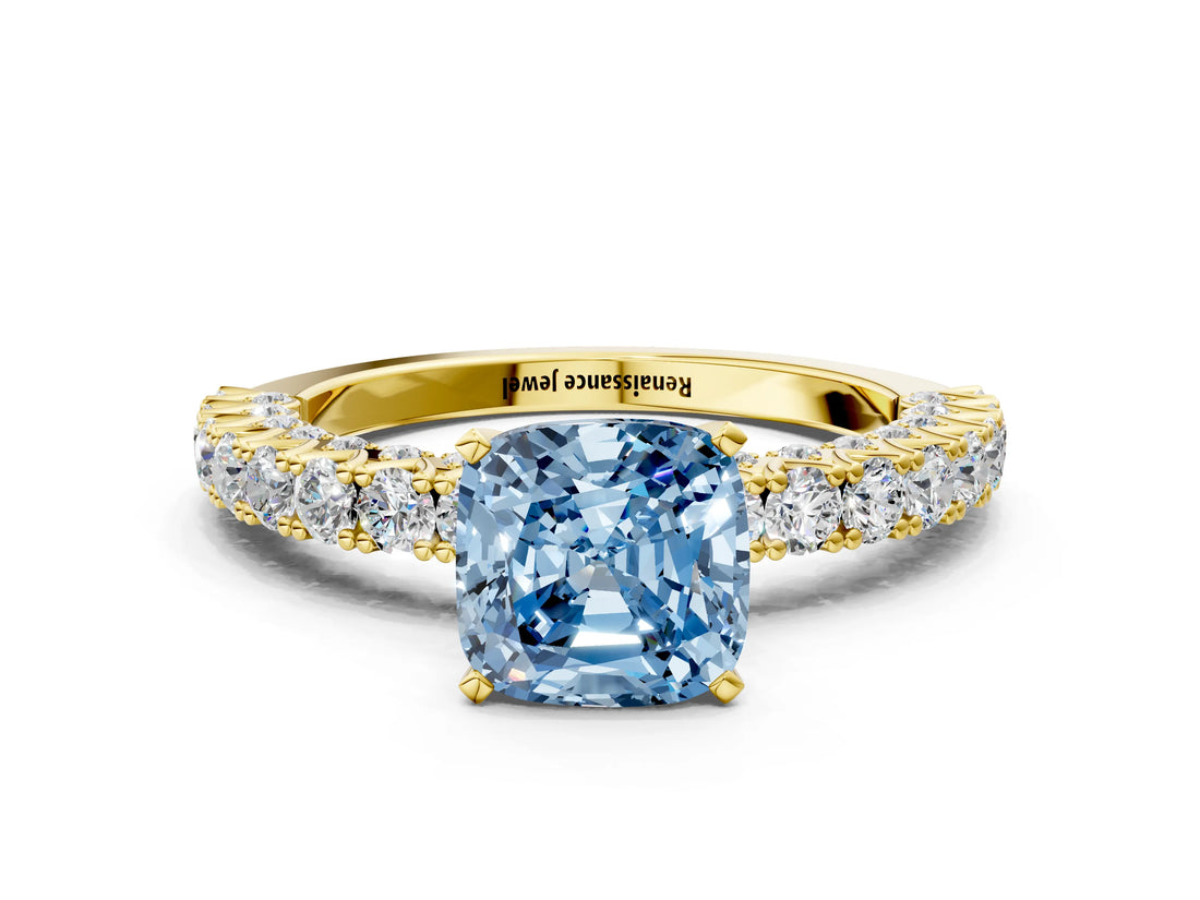 Yellow gold Fancy Blue Cushion Cut Diamond Pavé Band Solitaire Ring with Prong Setting_81