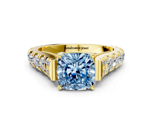Yellow gold Fancy Blue Cushion Cut Diamond Classic Solitaire Ring with Pavé Band and Four-Prong Setting