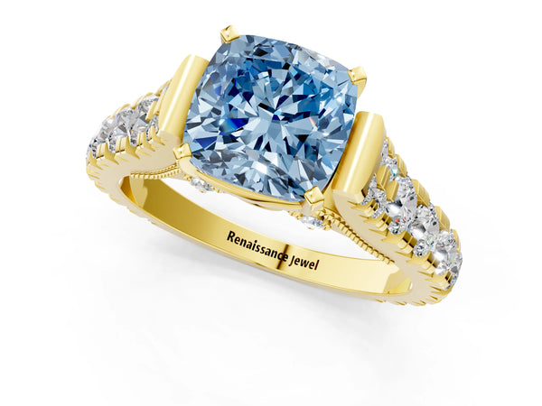 Yellow gold Fancy Blue Cushion Cut Diamond Classic Solitaire Ring with Pavé Band and Four-Prong Setting