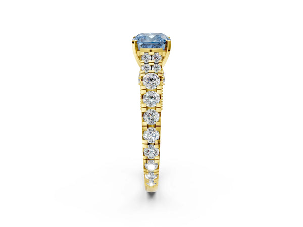 Yellow gold Fancy Blue Cushion Cut Diamond Classic Solitaire Ring with Pavé Band and Four-Prong Setting