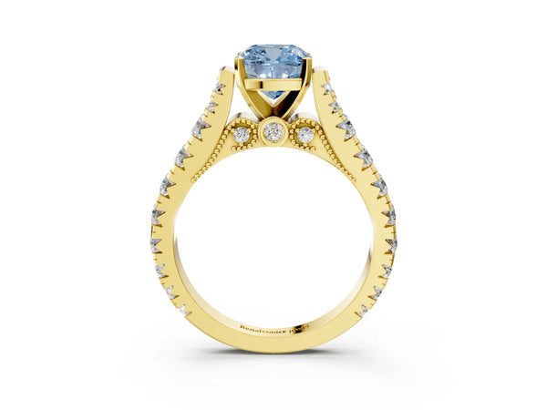 Yellow gold Fancy Blue Cushion Cut Diamond Classic Solitaire Ring with Pavé Band and Four-Prong Setting