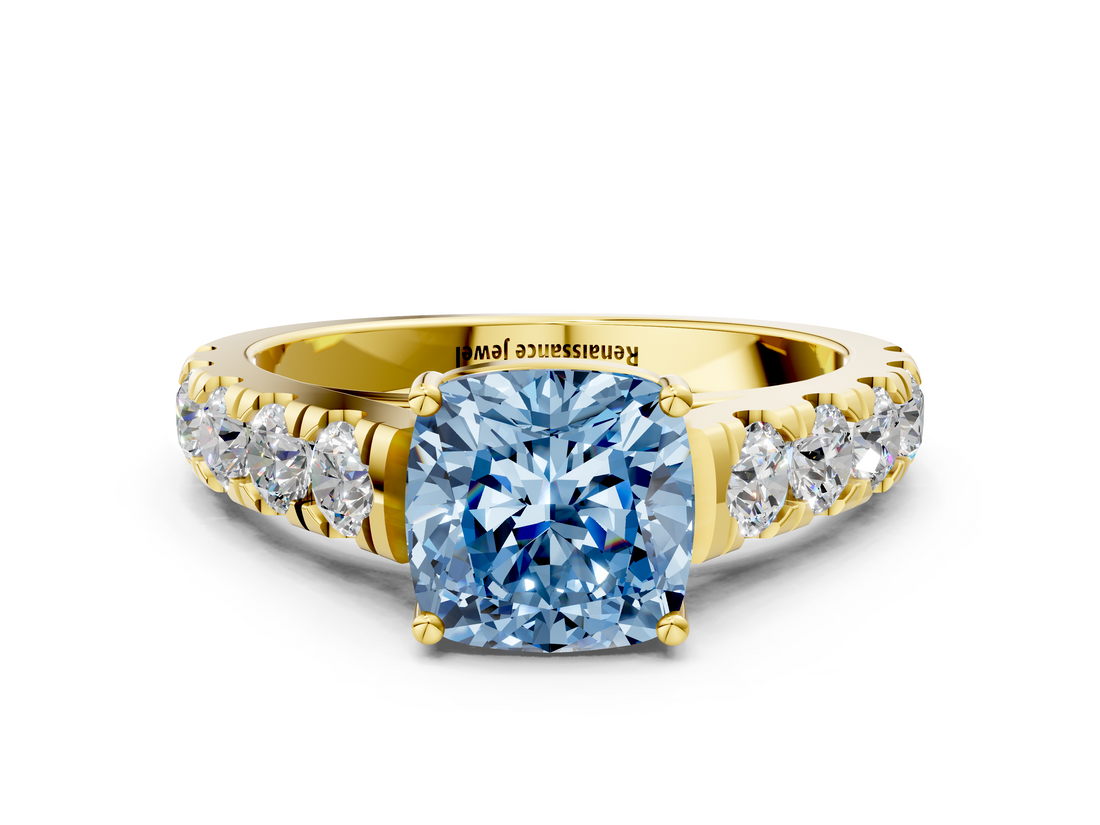 Yellow gold Fancy Blue Cushion  Cut Diamond Pavé Band Solitaire with Four-Prong Setting_3