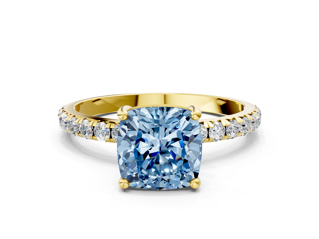 Yellow gold Fancy Blue Cushion  Cut Diamond Pavé Band Solitaire with Four-Prong Setting_3