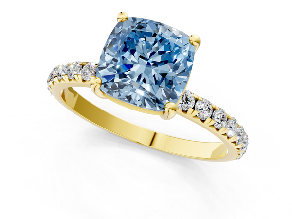 Yellow Gold Cushion Cut Solitaire Engagement Ring Setting for Fancy Blue Center with Single Row Pave Band