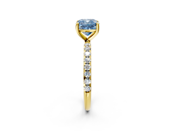 Yellow Gold Cushion Cut Solitaire Engagement Ring Setting for Fancy Blue Center with Single Row Pave Band