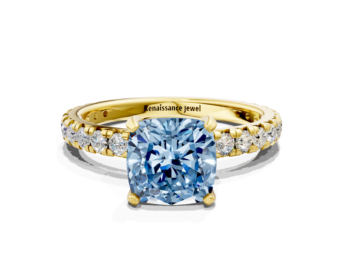 Yellow gold Fancy Blue Cushion  Cut Diamond Pavé Band with Four-Prong Setting_51