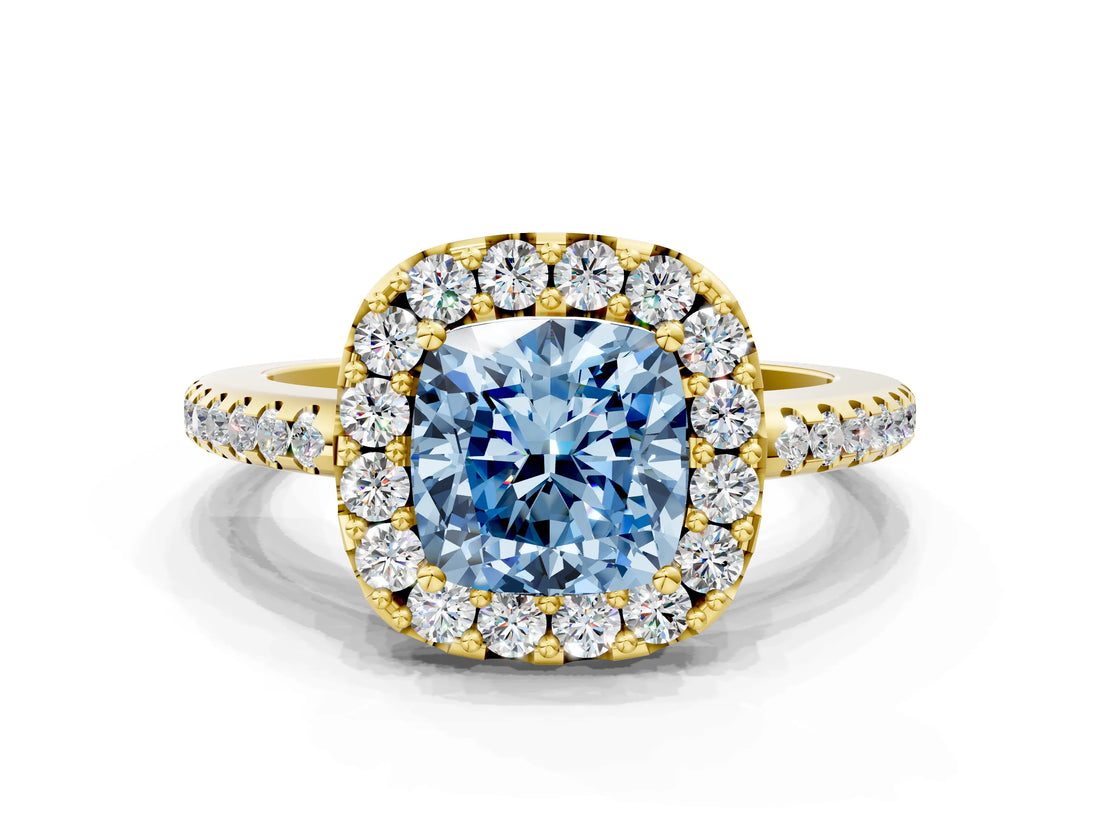 Yellow gold Fancy Blue Cushion Cut Diamond Pavé Halo Ring with Four-Prong Setting_36