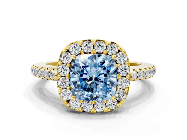Yellow gold Fancy Blue Cushion Cut Diamond Pavé Halo Ring with Four-Prong Setting