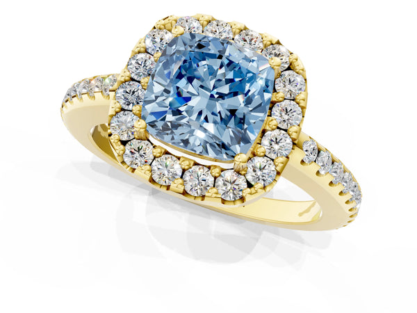 Yellow gold Fancy Blue Cushion Cut Diamond Pavé Halo Ring with Four-Prong Setting