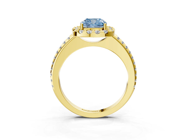 Yellow gold Fancy Blue Cushion Cut Diamond Pavé Halo Ring with Four-Prong Setting