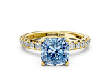 Yellow gold Fancy Blue Cushion Cut Diamond Pavé Solitaire Ring with Round Band and Prong Setting_12