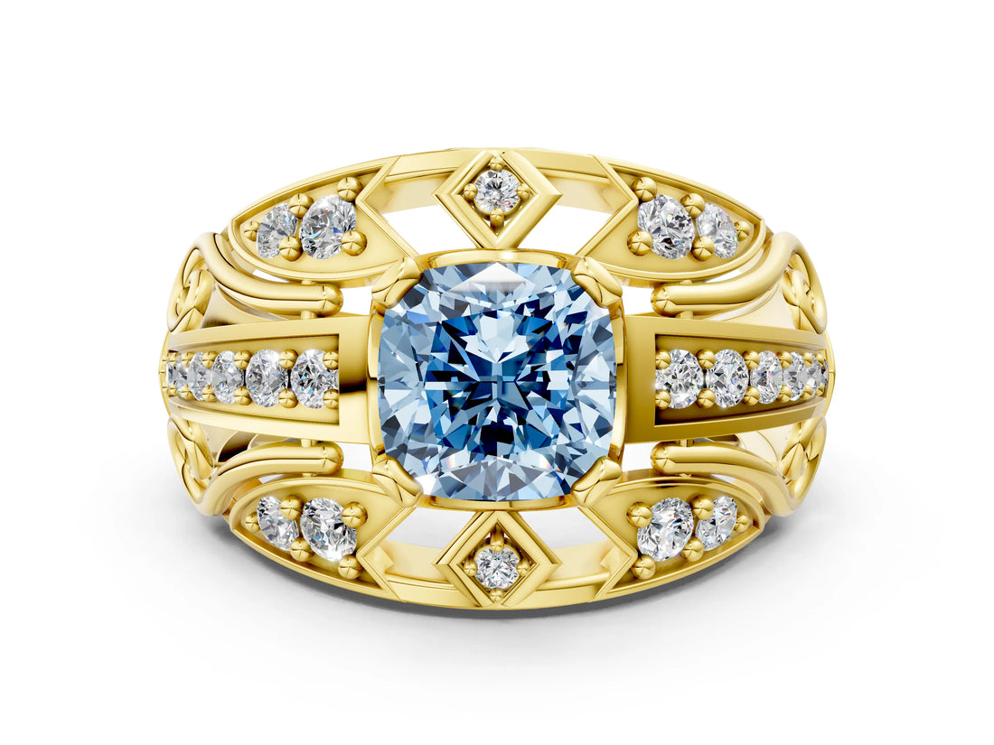 Yellow gold Fancy Blue Cushion Cut Diamond Pave Art Deco Split Shank Ring with Four-Prong Setting