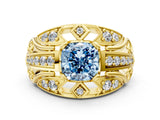 Yellow gold Fancy Blue Cushion Cut Diamond Pave Art Deco Split Shank Ring with Four-Prong Setting