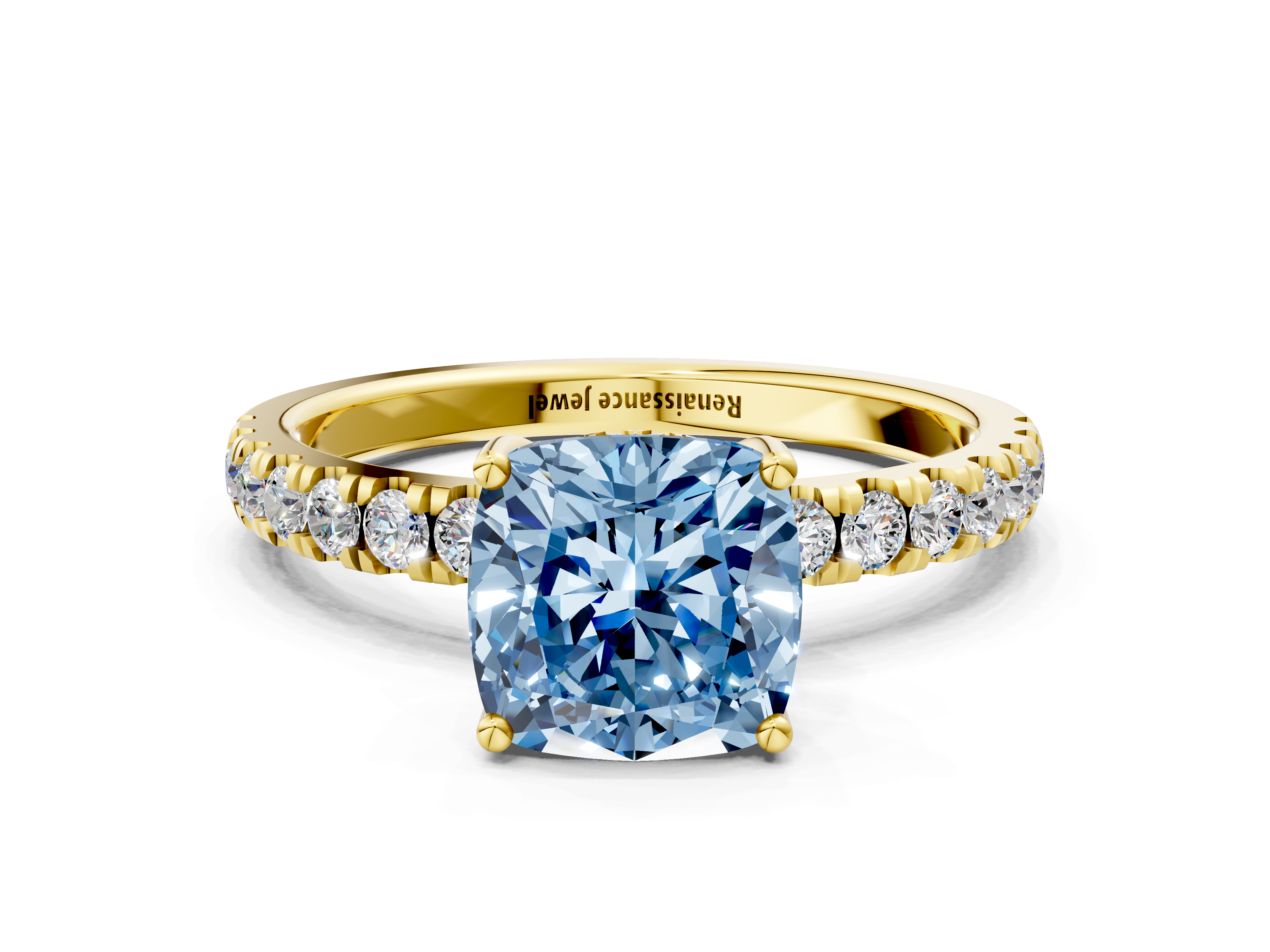 Yellow gold Fancy Blue Cushion  Cut Diamond Pave Band Solitaire Ring with Four-Prong Setting_24