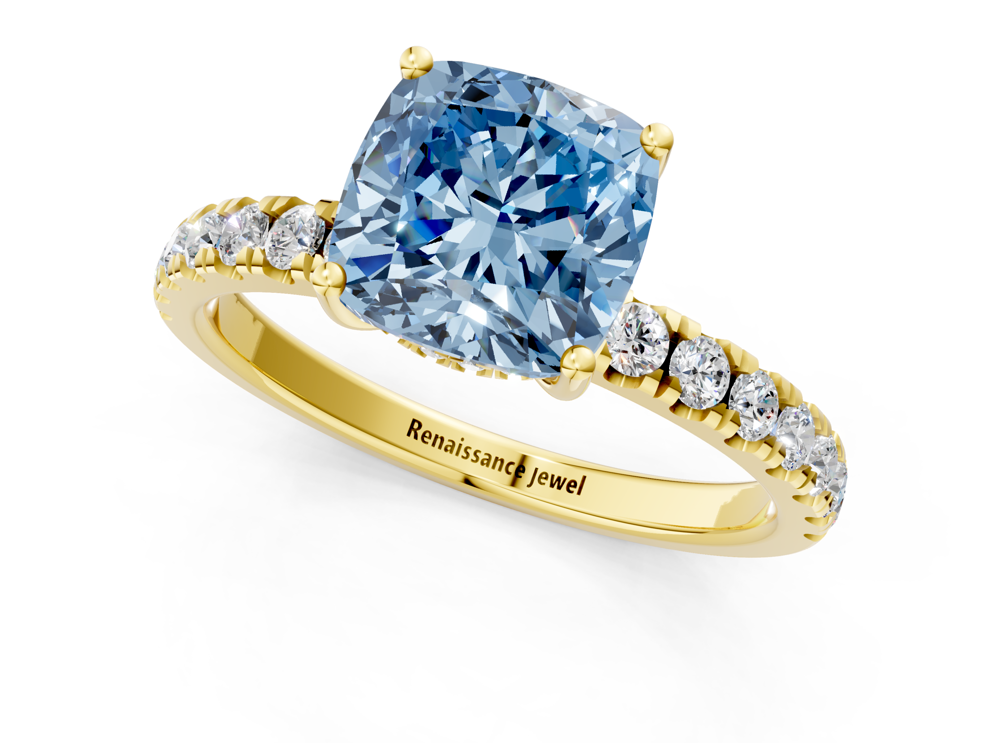 Yellow gold Fancy Blue Cushion  Cut Diamond Pave Band Solitaire Ring with Four-Prong Setting_25