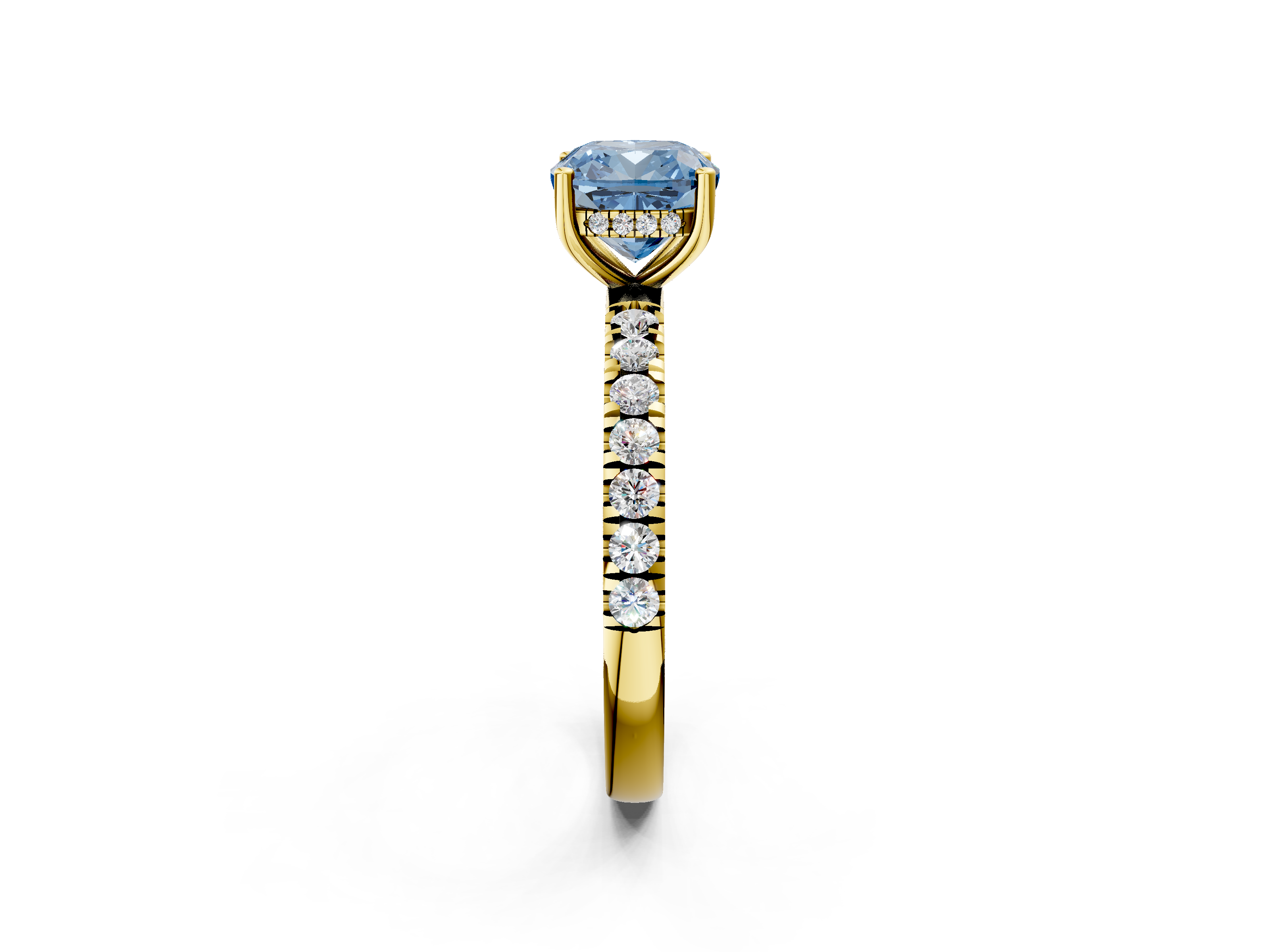 Yellow gold Fancy Blue Cushion  Cut Diamond Pave Band Solitaire Ring with Four-Prong Setting_26