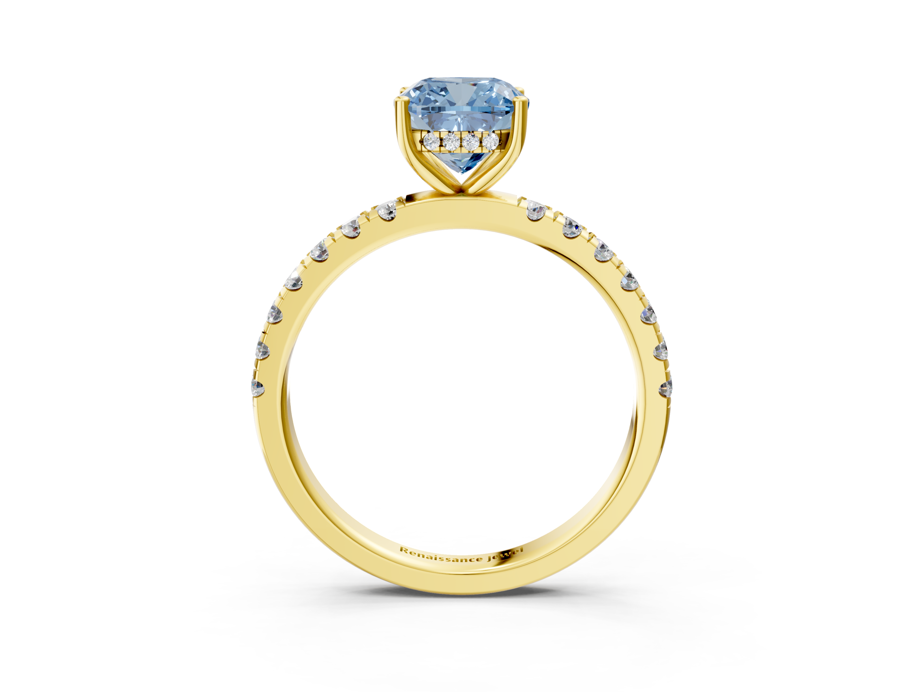 Yellow gold Fancy Blue Cushion  Cut Diamond Pave Band Solitaire Ring with Four-Prong Setting_27