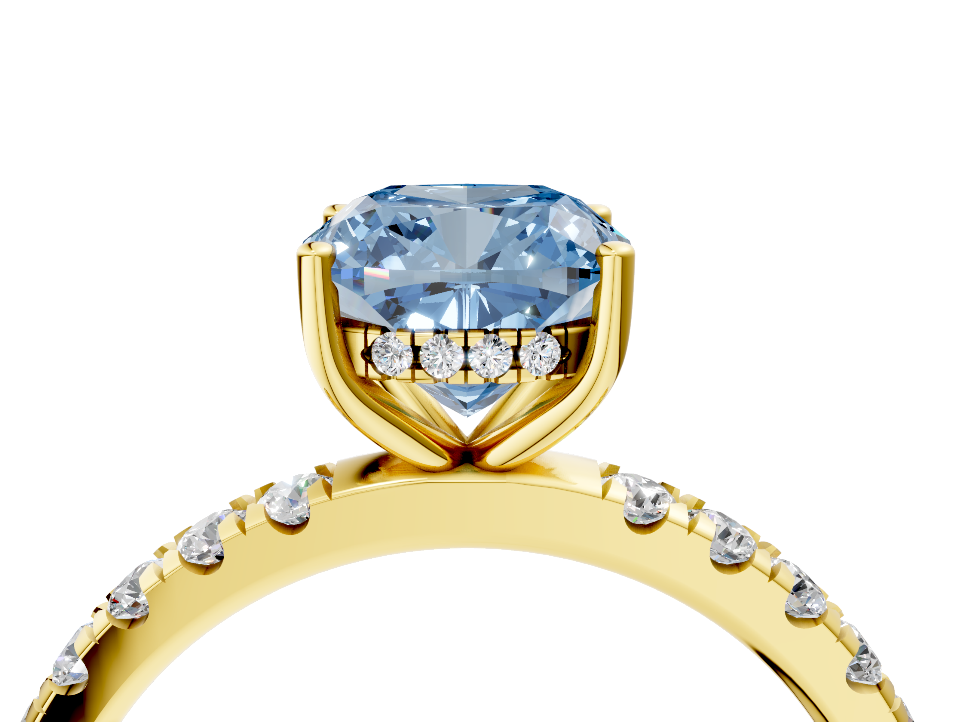 Yellow gold Fancy Blue Cushion  Cut Diamond Pave Band Solitaire Ring with Four-Prong Setting_28