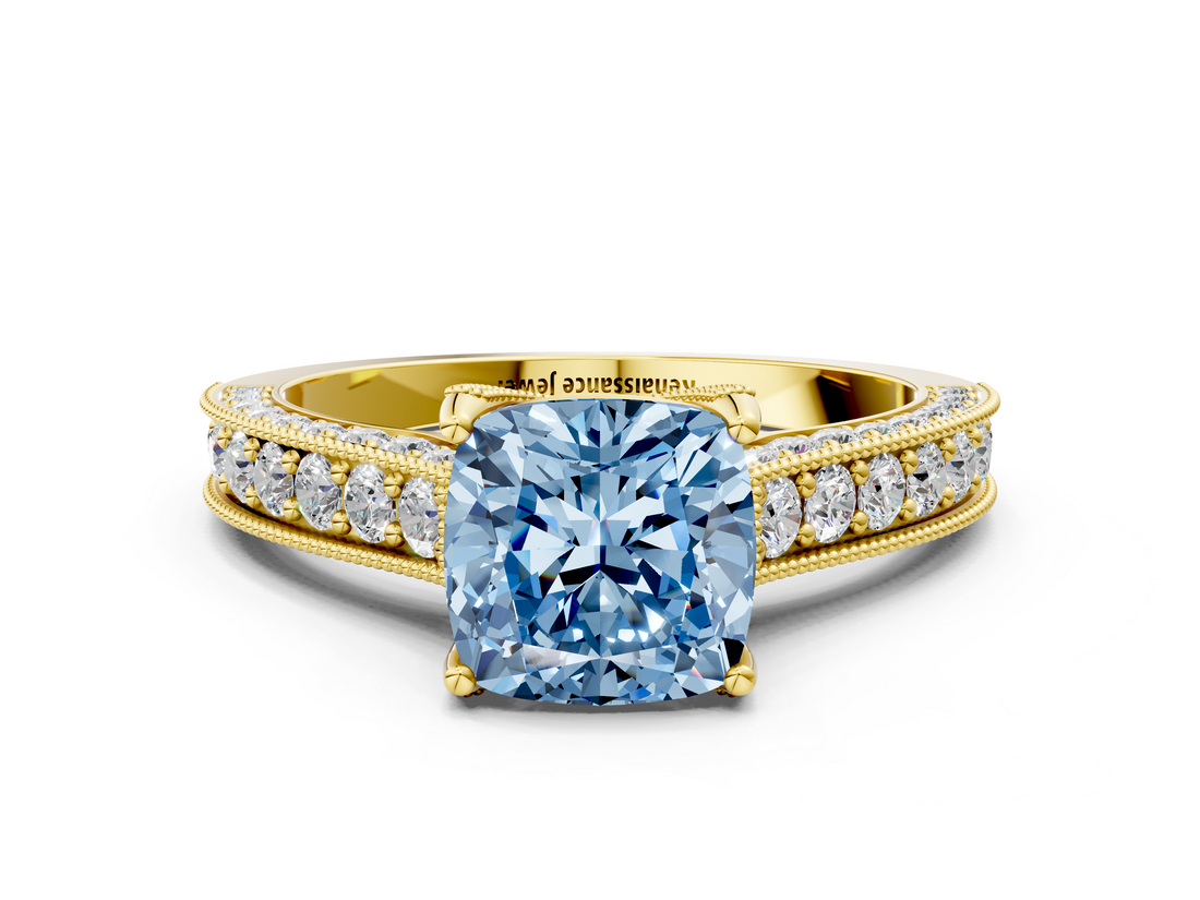 Yellow gold Fancy Blue Cushion  Cut Diamond Pave Band with Four-Prong Setting_19