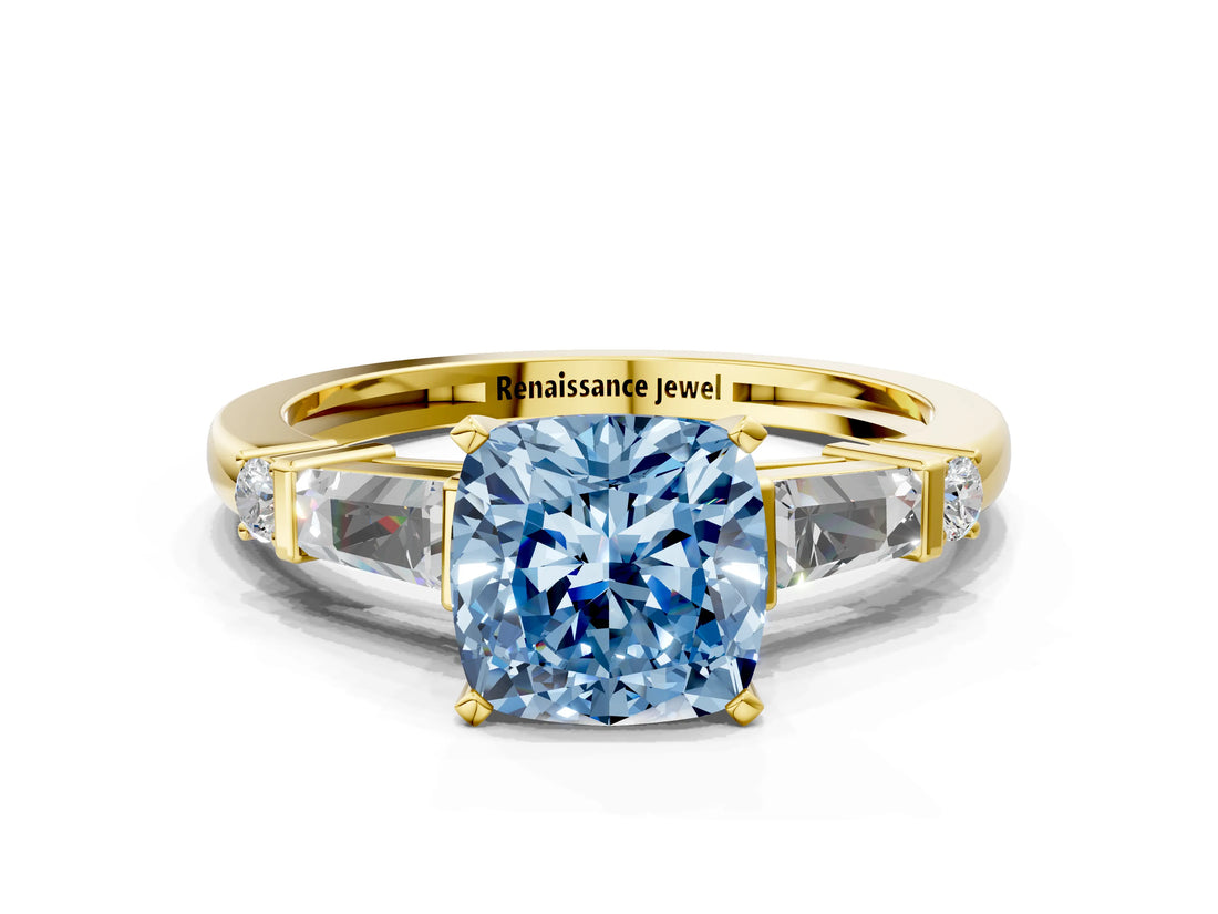 Yellow gold Fancy Blue Cushion  Cut Diamond Ring with Baguette Side Stones, Channel Set Band, and Four-Prong Setting_24