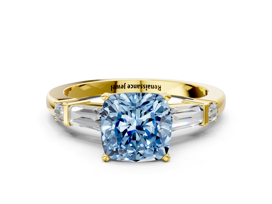 Yellow gold Fancy Blue Cushion  Cut Diamond Ring with Baguette Side Stones, Channel Set Band, and Four-Prong Setting_3
