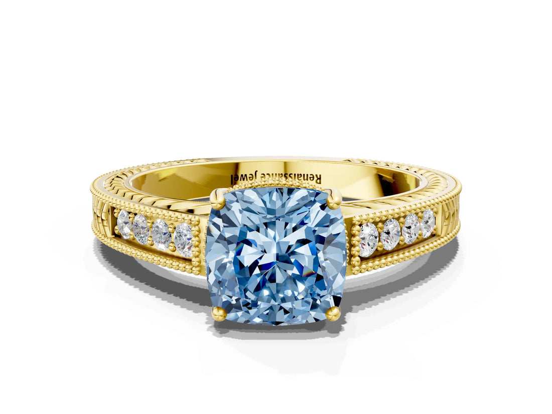Yellow gold Fancy Blue Cushion Cut Diamond Ring with Milgrain Pavé Band and Four-Prong Setting_20
