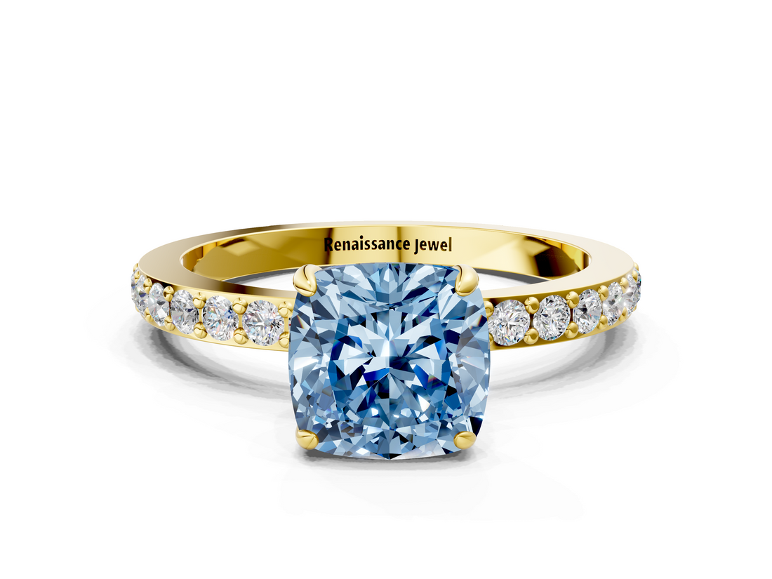 Yellow gold Fancy Blue Cushion  Cut Diamond Ring with Pavé Band and Four-Prong Setting_66