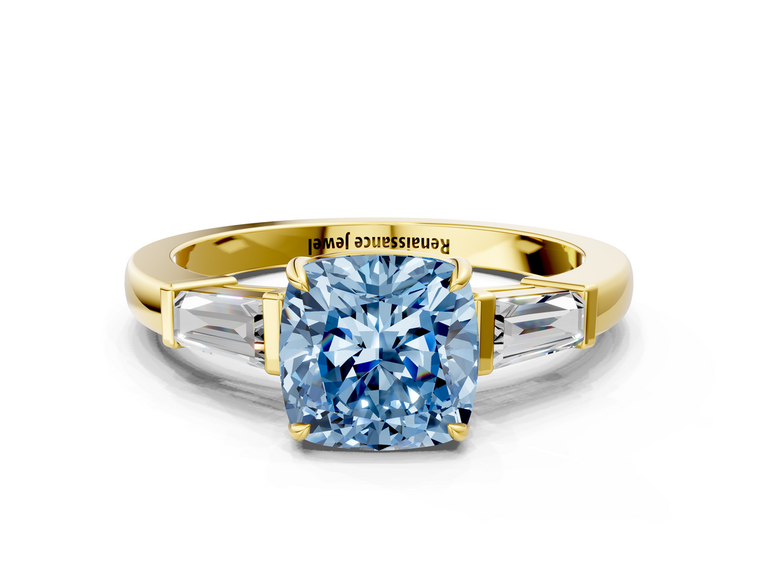 Yellow gold Fancy Blue Cushion  Cut Diamond Ring with Tapered Baguette Side Stones in Four-Prong Setting_3