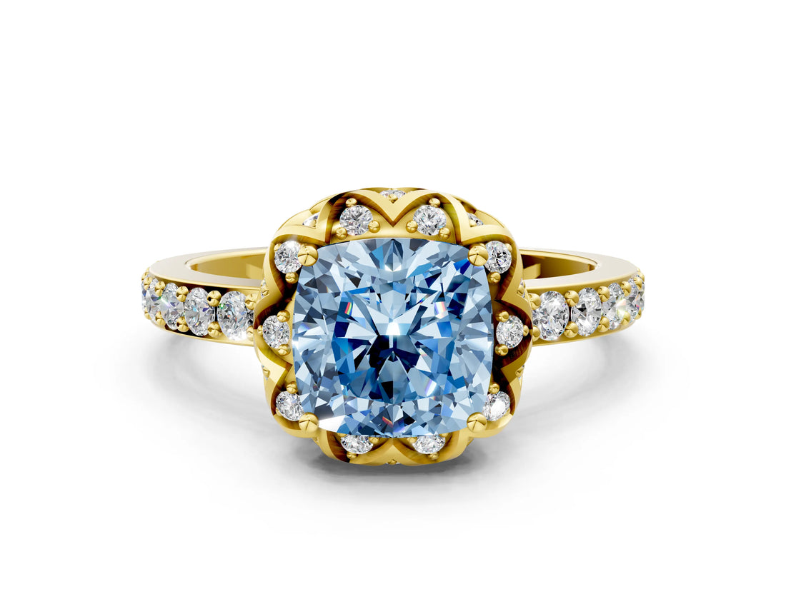 Yellow gold Fancy Blue Cushion Cut Diamond Scalloped Halo Engagement Ring with Round Shared Prong Band_12