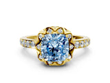 Yellow gold Fancy Blue Cushion Cut Diamond Scalloped Halo Engagement Ring with Round Shared Prong Band_12