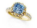 Yellow gold Fancy Blue Cushion Cut Diamond Scalloped Halo Engagement Ring with Round Shared Prong Band_13