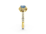 Yellow gold Fancy Blue Cushion Cut Diamond Scalloped Halo Engagement Ring with Round Shared Prong Band_14