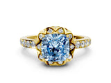 Yellow gold Fancy Blue Cushion Cut Diamond Scalloped Halo Engagement Ring with Round Shared Prong Band_24