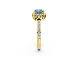 Yellow gold Fancy Blue Cushion Cut Diamond Scalloped Halo Engagement Ring with Round Shared Prong Band_26