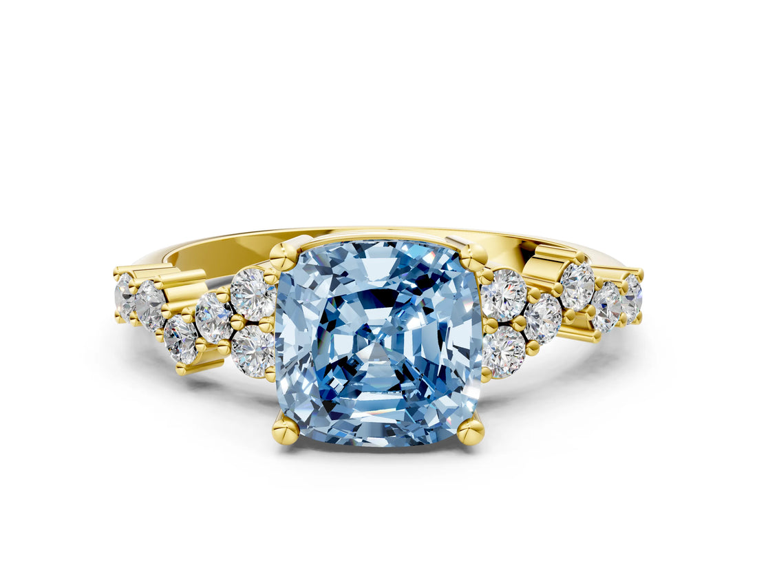 Yellow gold Fancy Blue Cushion Cut Diamond Scattered Round Accent Ring with Prong Setting_12