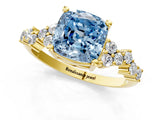 Yellow gold Fancy Blue Cushion Cut Diamond Scattered Round Accent Ring with Prong Setting_13